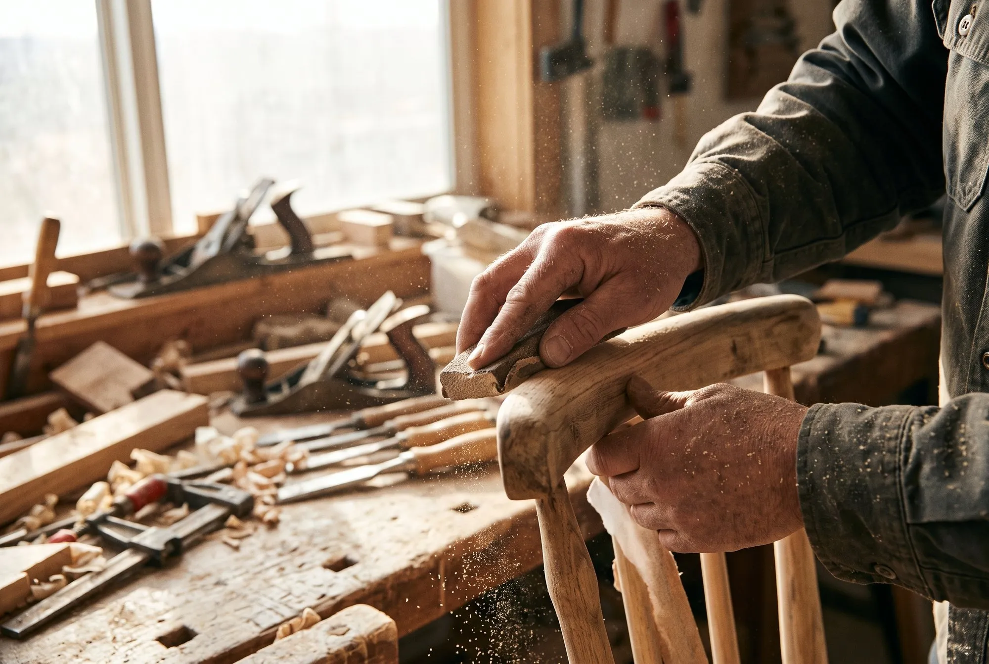 Ein Schreiner schleift in seiner Werkstatt einen Stuhl aus Holz.